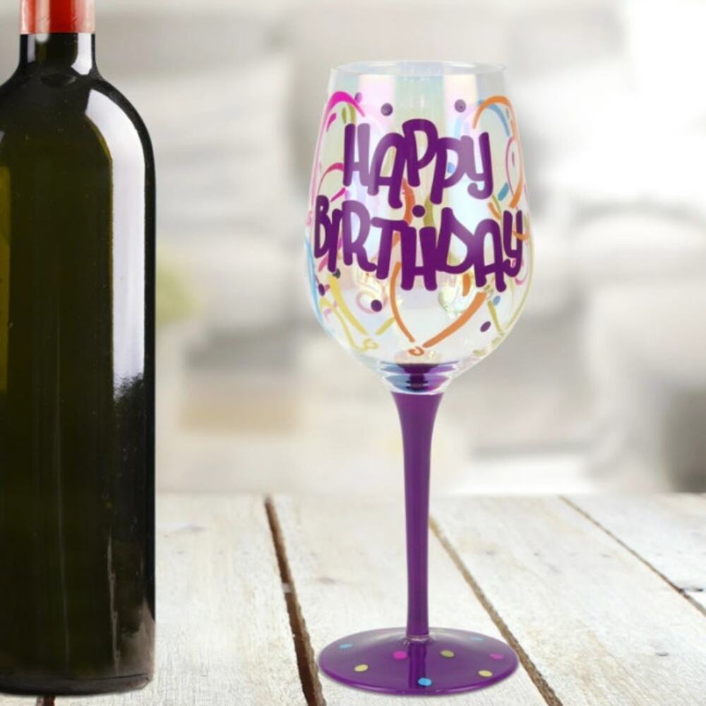 NEW Hand Painted Happy Birthday WINE GLASS 9" Purple Stemware Festive In Package